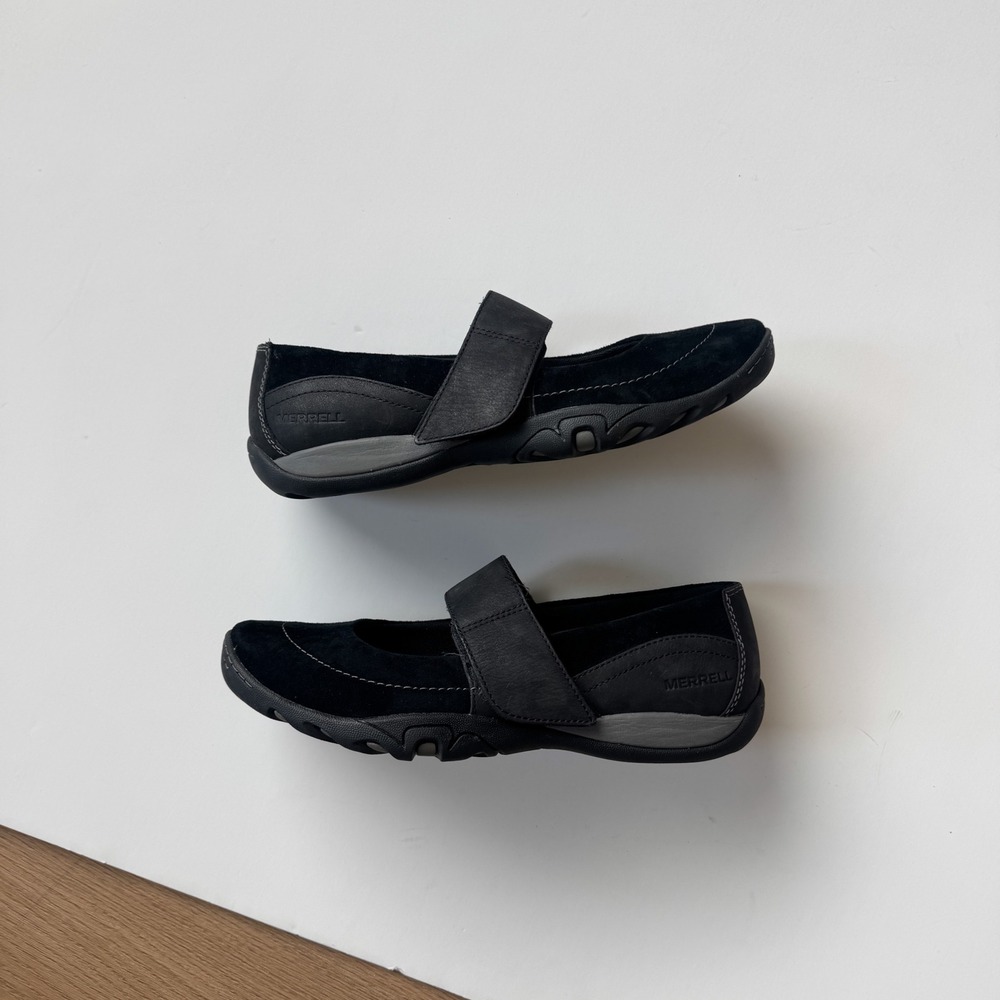 Merrell Black Leather Suede Mary Jane Flats Hook Loop Strap Size 8.5 Gorpcore